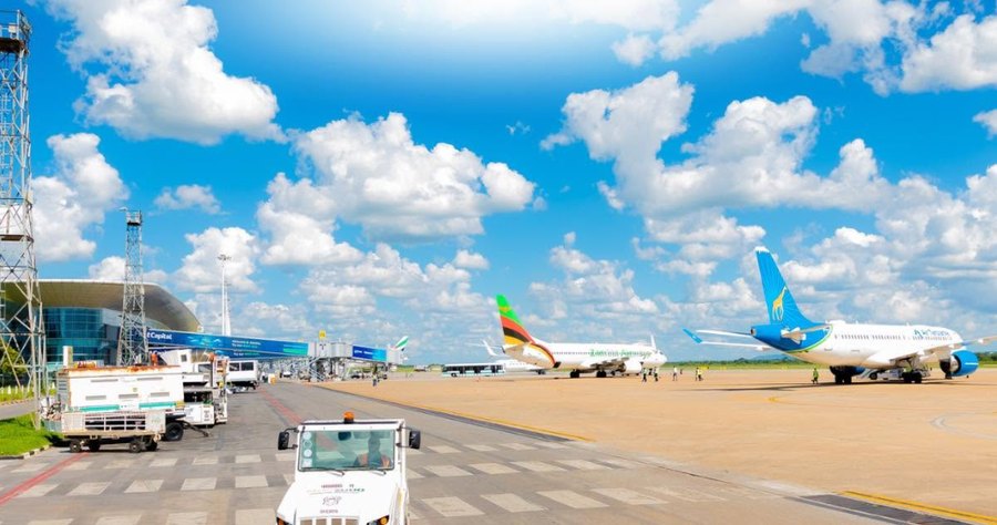 Busy airport apron with aircraft